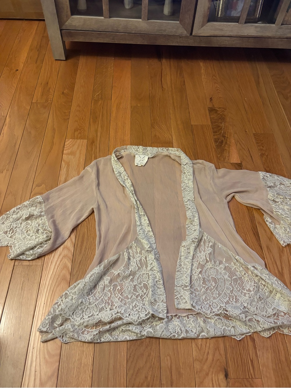Pins & Needles Lace-Trim Sheer Kimono in Blush